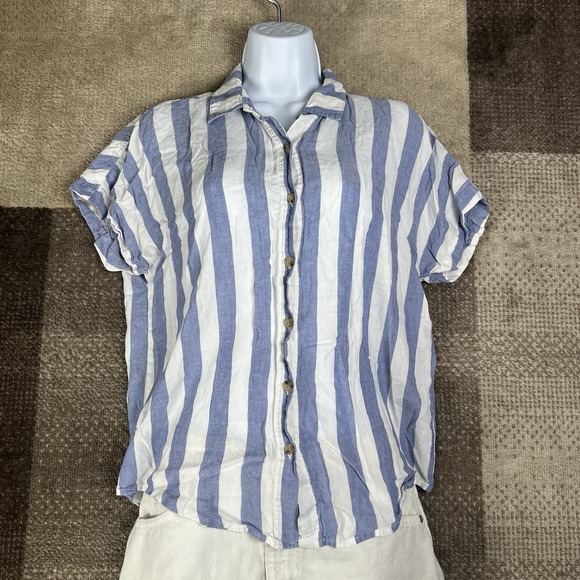 Marine Layer Dana Striped Blue/White Button Up Shirt Women's Size Small SS - Picture 1 of 7